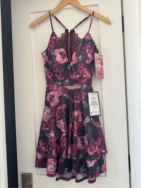 Emerald Sundae Plum and Black Floral Lace-Back Midi Dress